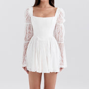square-neck long sleeve lace waist dress, view 4 - MRSLM