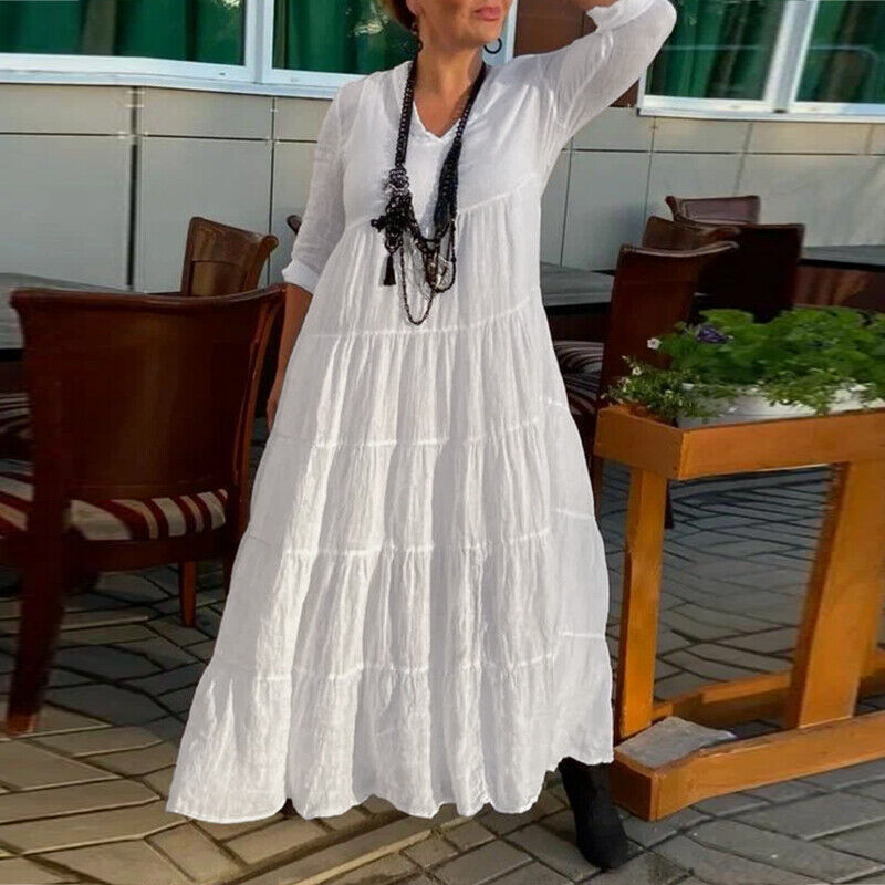 extra long V-neck cotton dress, view 6 - MRSLM