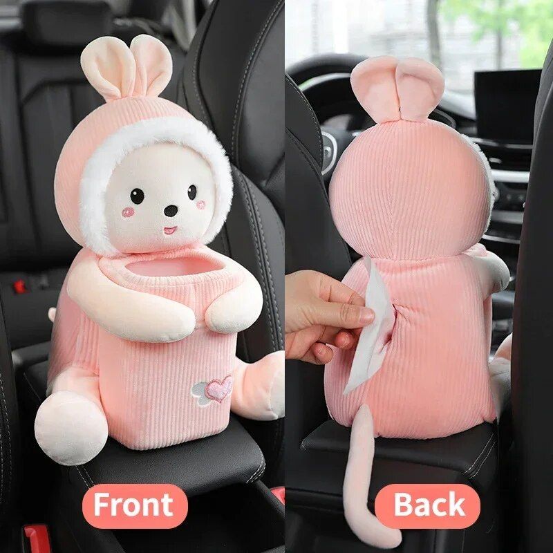 Plush car organizer with tissue box and trash bin, view 6 - MRSLM