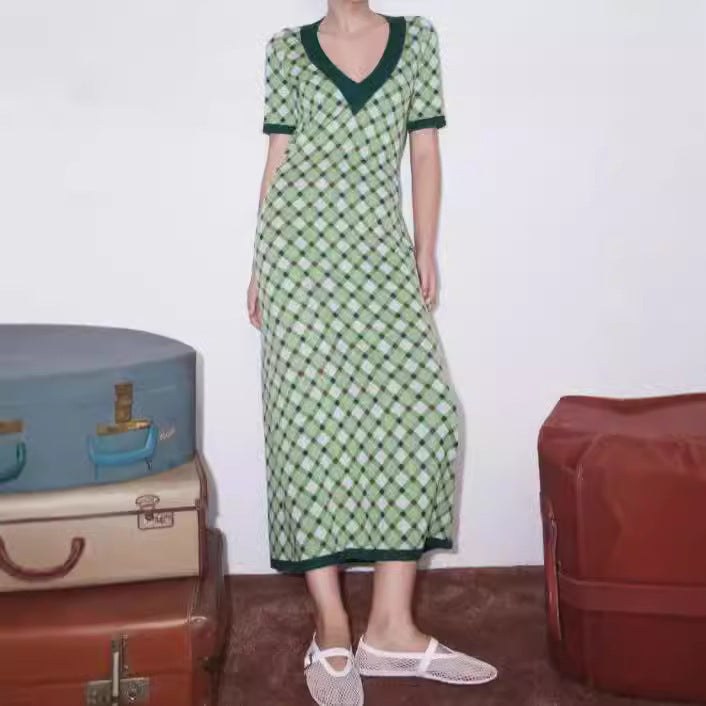 green plaid knitted dress, view 3 - MRSLM