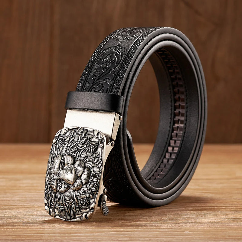 men's 3.5CM leather belt lion pattern buckle, view 3 - MRSLM