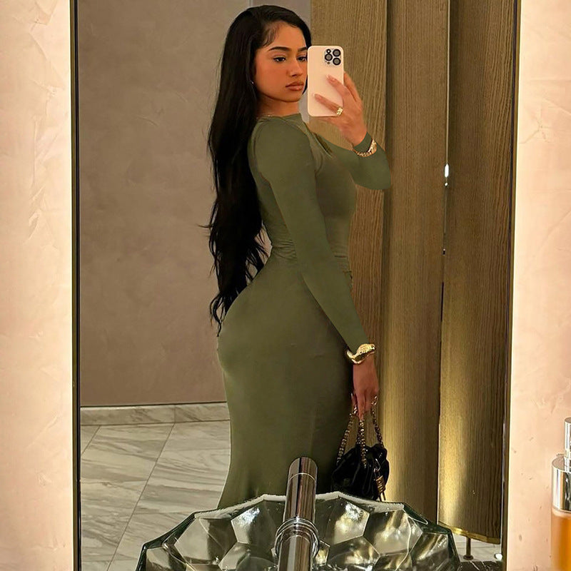 long sleeve pleated dress, view 4 - MRSLM
