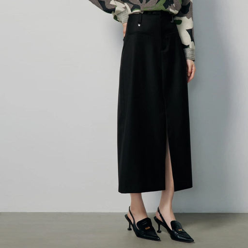 High waist slim fit black midi skirt, view 2 - MRSLM