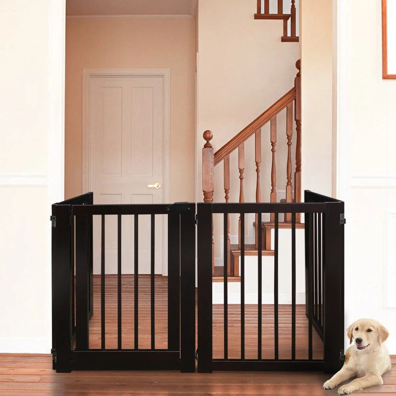 espresso hardwood freestanding pet gate with walk-through door, view 2 - MRSLM