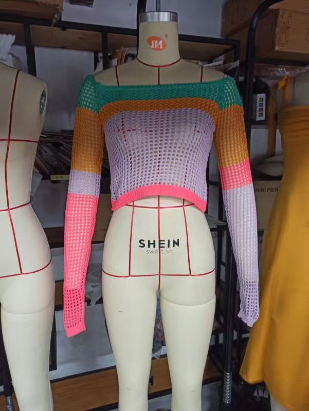 Multicolor Openwork Knitted Top Short Loose Off Shoulder Long Sleeve Sweater