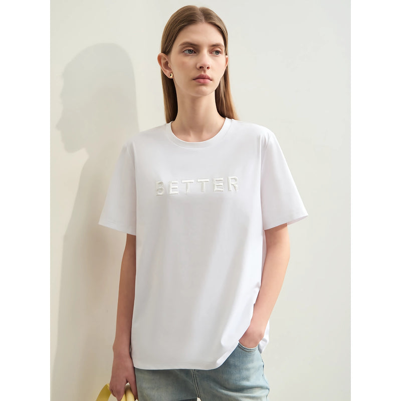 Minimalist Women's Short-Sleeve Embroidered Cotton T-Shirt