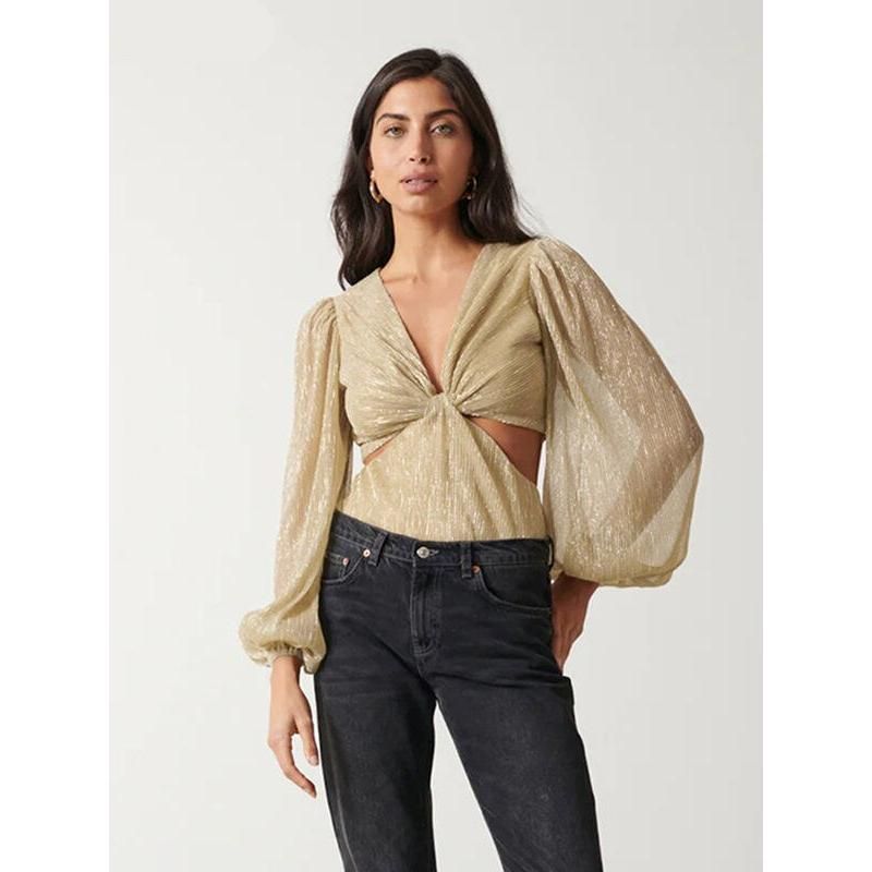 Gold Pleated V-Neck Blouse with Puff Sleeves