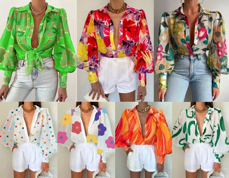women's printed lantern sleeve summer shirt, view 10 - MRSLM