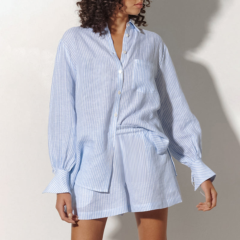 women's cotton striped shirt and shorts outfit, view 5 - MRSLM