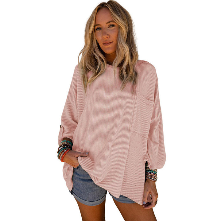 Solid Color Sweater Loose Casual Pocket Curling Threaded Long Sleeve Top