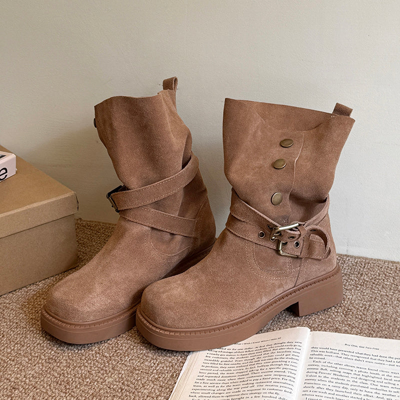 Women's suede platform buckle biker boots - MRSLM