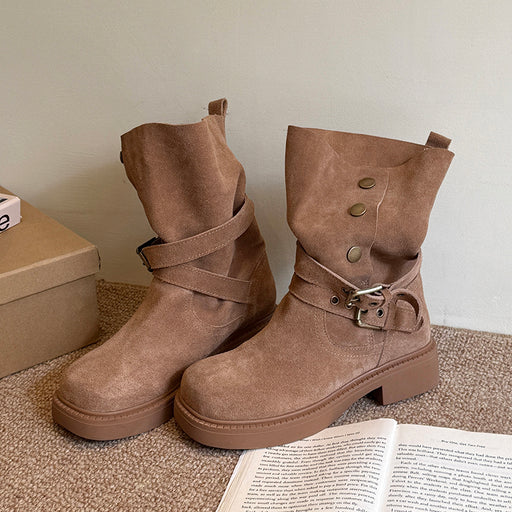 Women's suede platform buckle biker boots - MRSLM