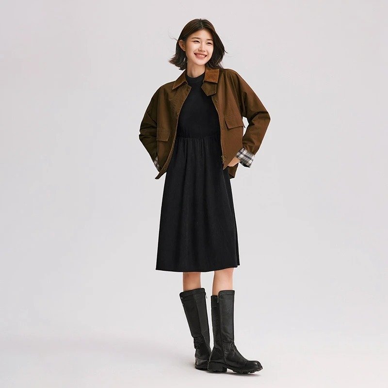 winter corduroy patchwork midi dress, view 8 - MRSLM