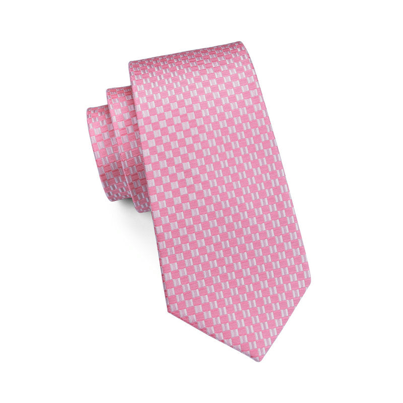 pink and white plaid silk tie set for men, view 5 - MRSLM