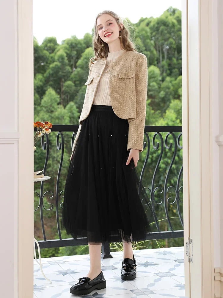 high-waist a-line mesh skirt, view 7 - MRSLM