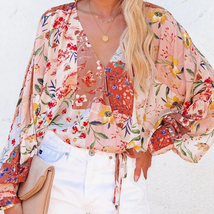 Spring And Summer Floral V-neck Long Sleeve Loose Casual Shirt