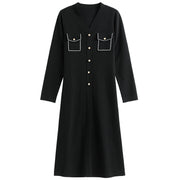 black v-neck knitted a-line dress, view 2 - MRSLM