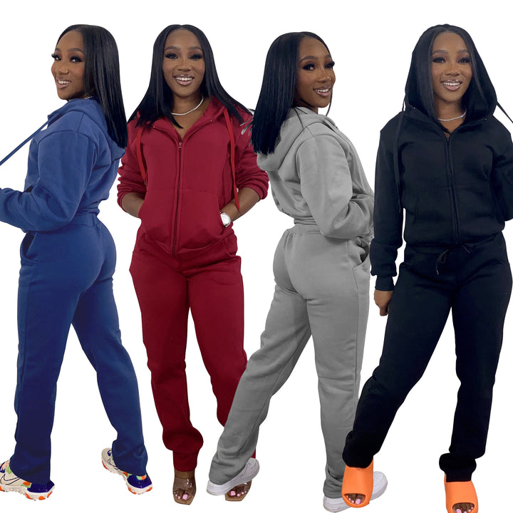 Women's Solid Color Hoodie Fabric Sports Casual Two-piece Suit