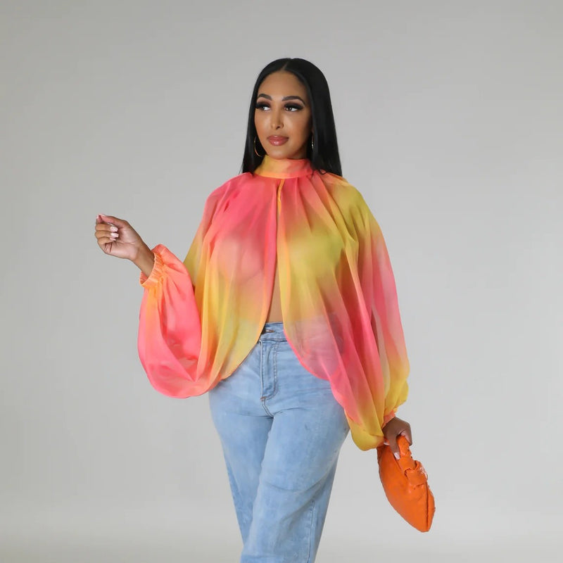 women's sheer chiffon printed long sleeve top - MRSLM
