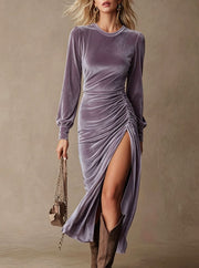Vintage velvet midi dress with puff sleeves and slit, view 5 - MRSLM