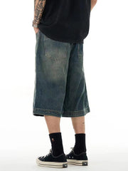 mens loose wide leg washed denim shorts, view 6 - MRSLM