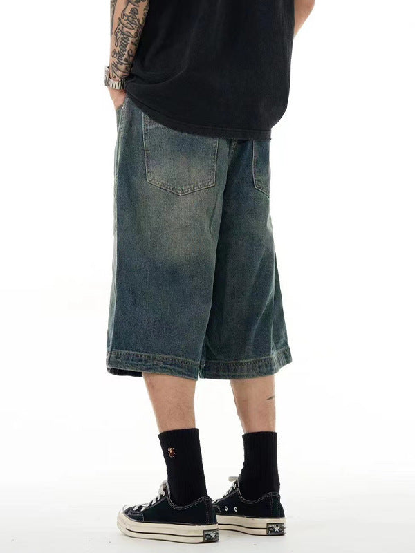 mens loose wide leg washed denim shorts, view 6 - MRSLM