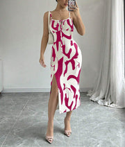 Printed suspender split dress with lace-up waist, view 13 - MRSLM