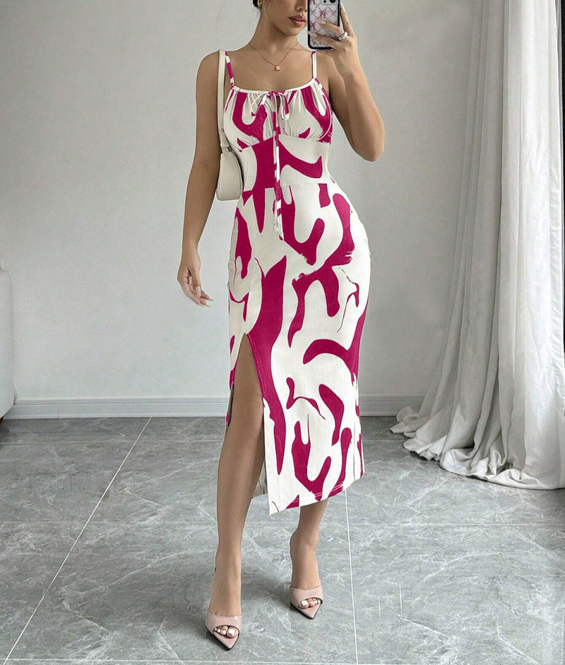 Printed suspender split dress with lace-up waist, view 13 - MRSLM