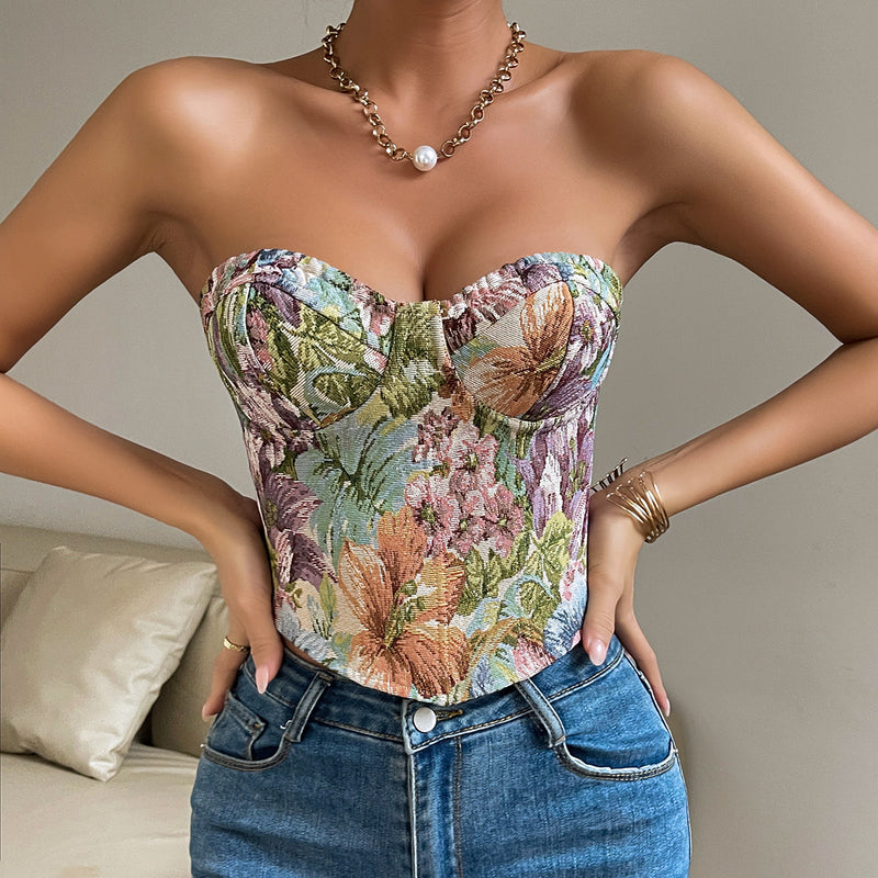floral print tube top with back-tied design, view 6 - MRSLM