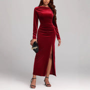 women's red velvet slit formal dress - MRSLM