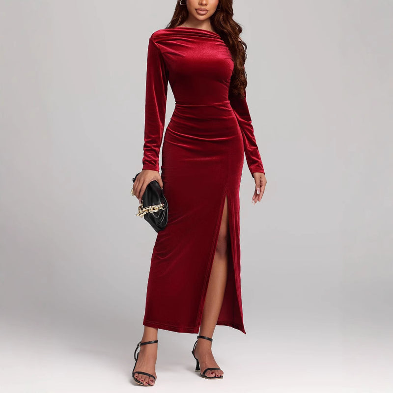 women's red velvet slit formal dress - MRSLM