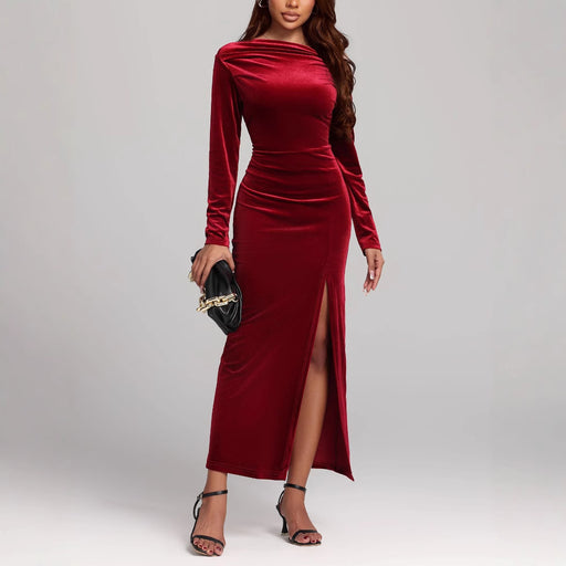 women's red velvet slit formal dress - MRSLM