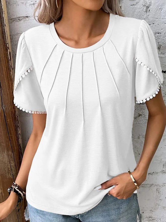 Summer Round Neck Tassel Tulip Sleeve T-shirt Casual Top For Women