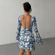 printed flare sleeve backless mesh dress, view 3 - MRSLM