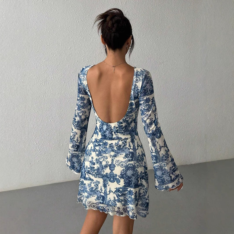 printed flare sleeve backless mesh dress, view 3 - MRSLM