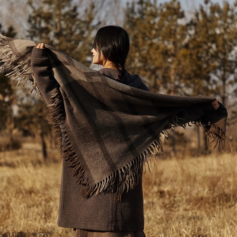 wool plaid scarf shawl in coffee beige, view 5 - MRSLM