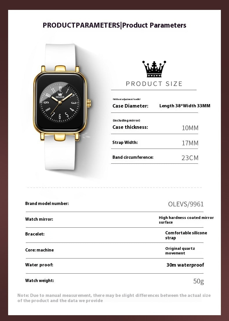 Women's silicone band rectangular quartz watch, view 6 - MRSLM