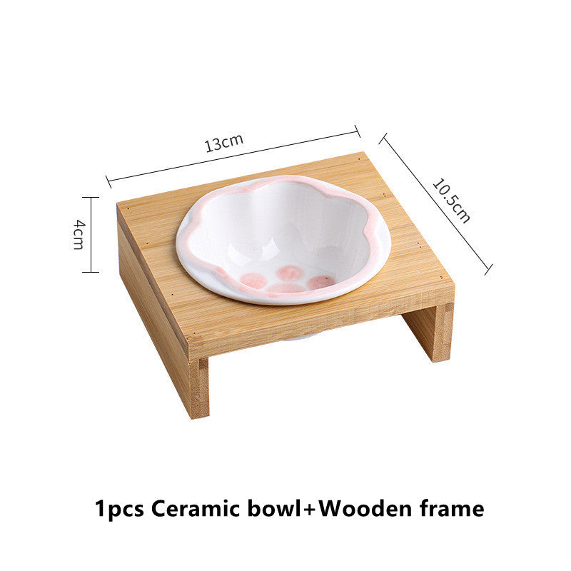cartoon paw raised pet bowl with wooden stand, view 2 - MRSLM