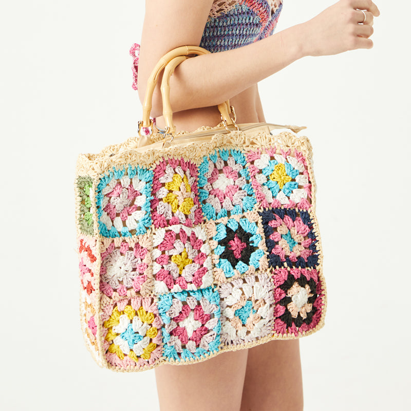 bohemian floral tote bag with bamboo handles, view 4 - MRSLM