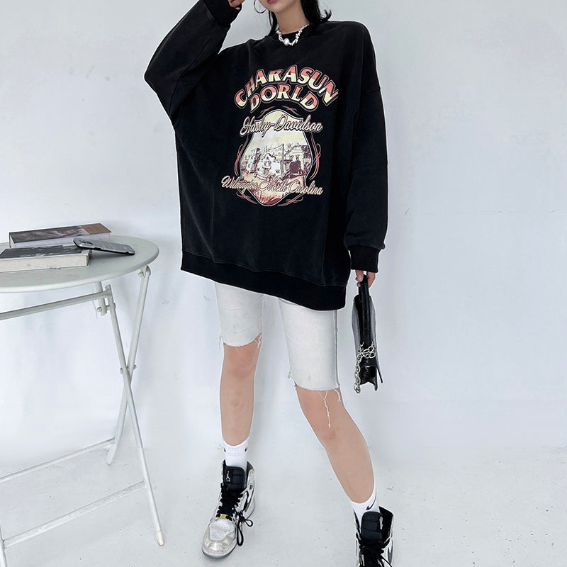 women's retro washed round neck sweater, view 3 - MRSLM