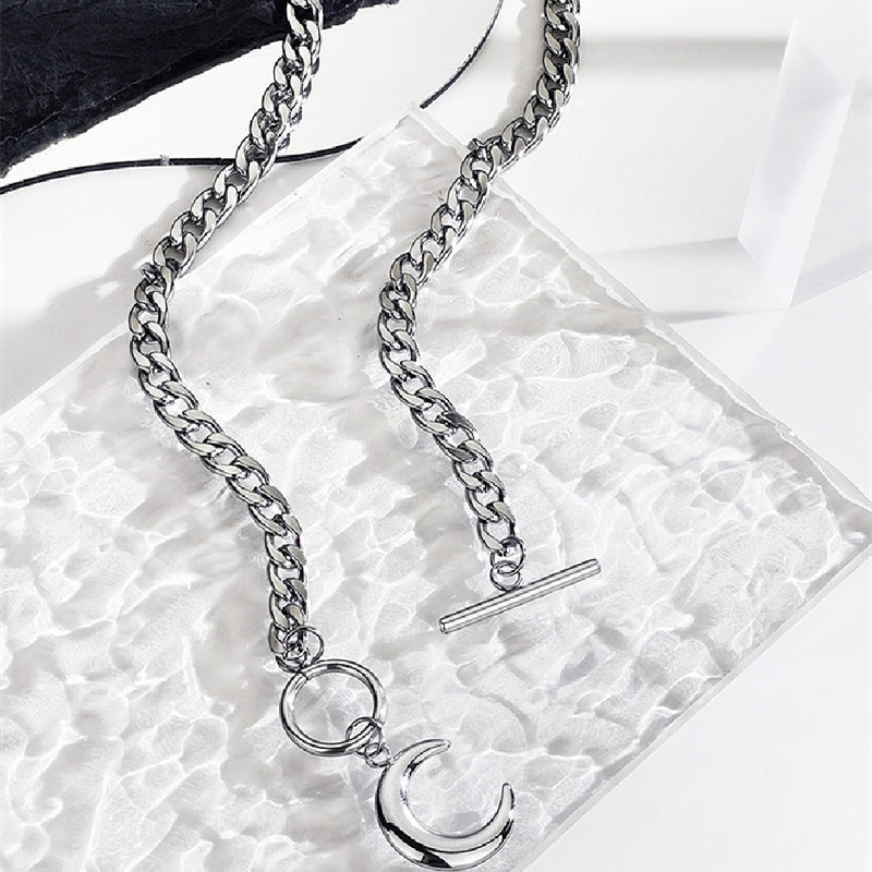 Silver crescent clavicle chain necklace, view 3 - MRSLM