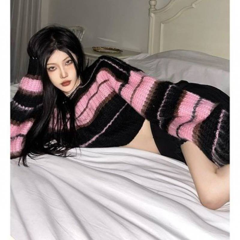 contrast color striped short knit sweater, view 4 - MRSLM