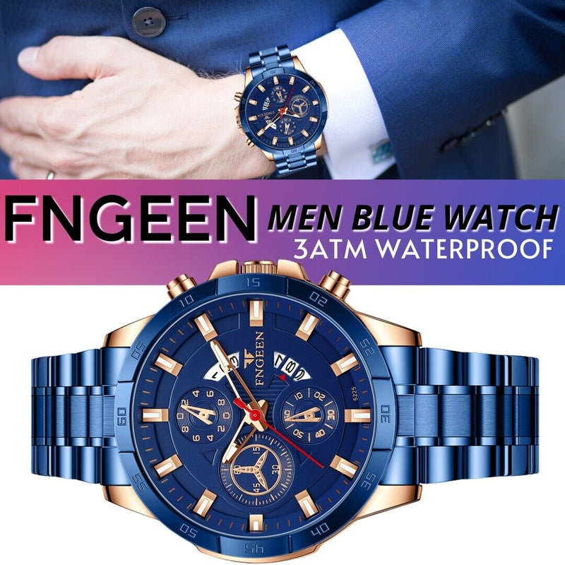 men's blue dial stainless steel quartz watch, view 7 - MRSLM