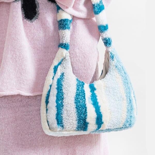 striped faux fur underarm hobo bag, view 8 - MRSLM