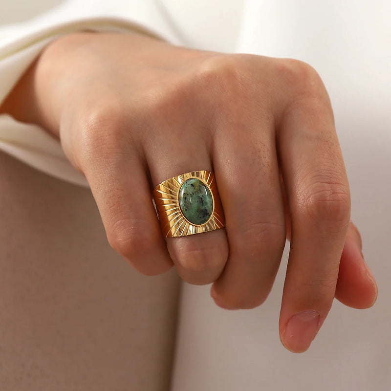 gold plated turquoise stone adjustable ring, view 3 - MRSLM