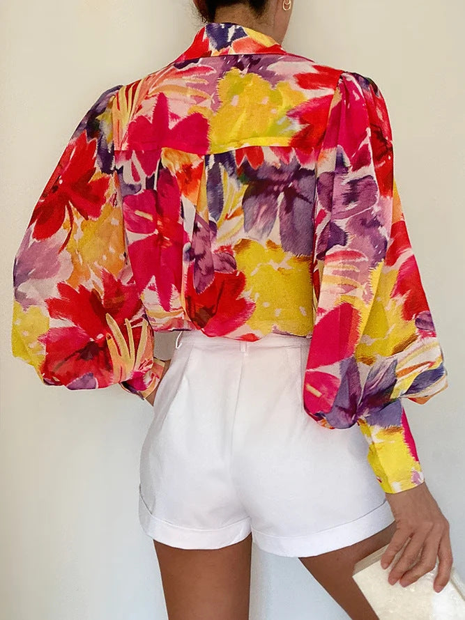women's printed lantern sleeve summer shirt, view 8 - MRSLM