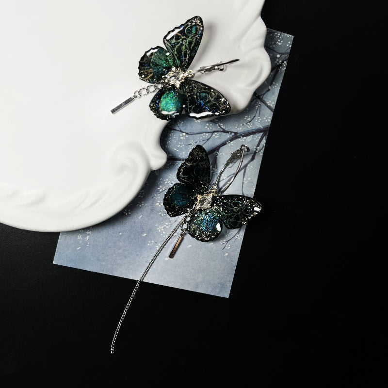 asymmetric butterfly tassel earrings, view 2 - MRSLM
