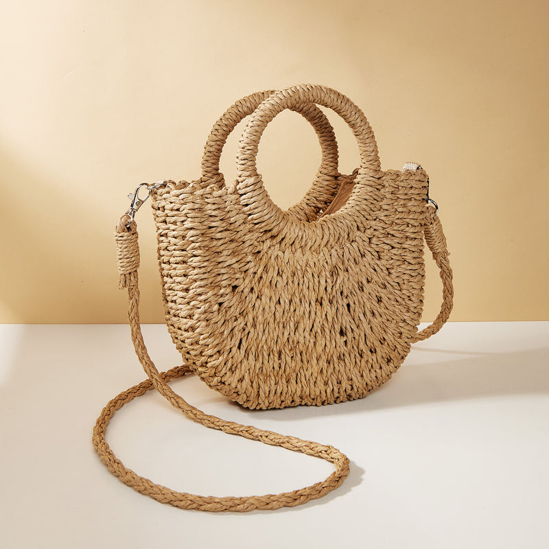 half moon straw woven beach shoulder bag, view 2 - MRSLM
