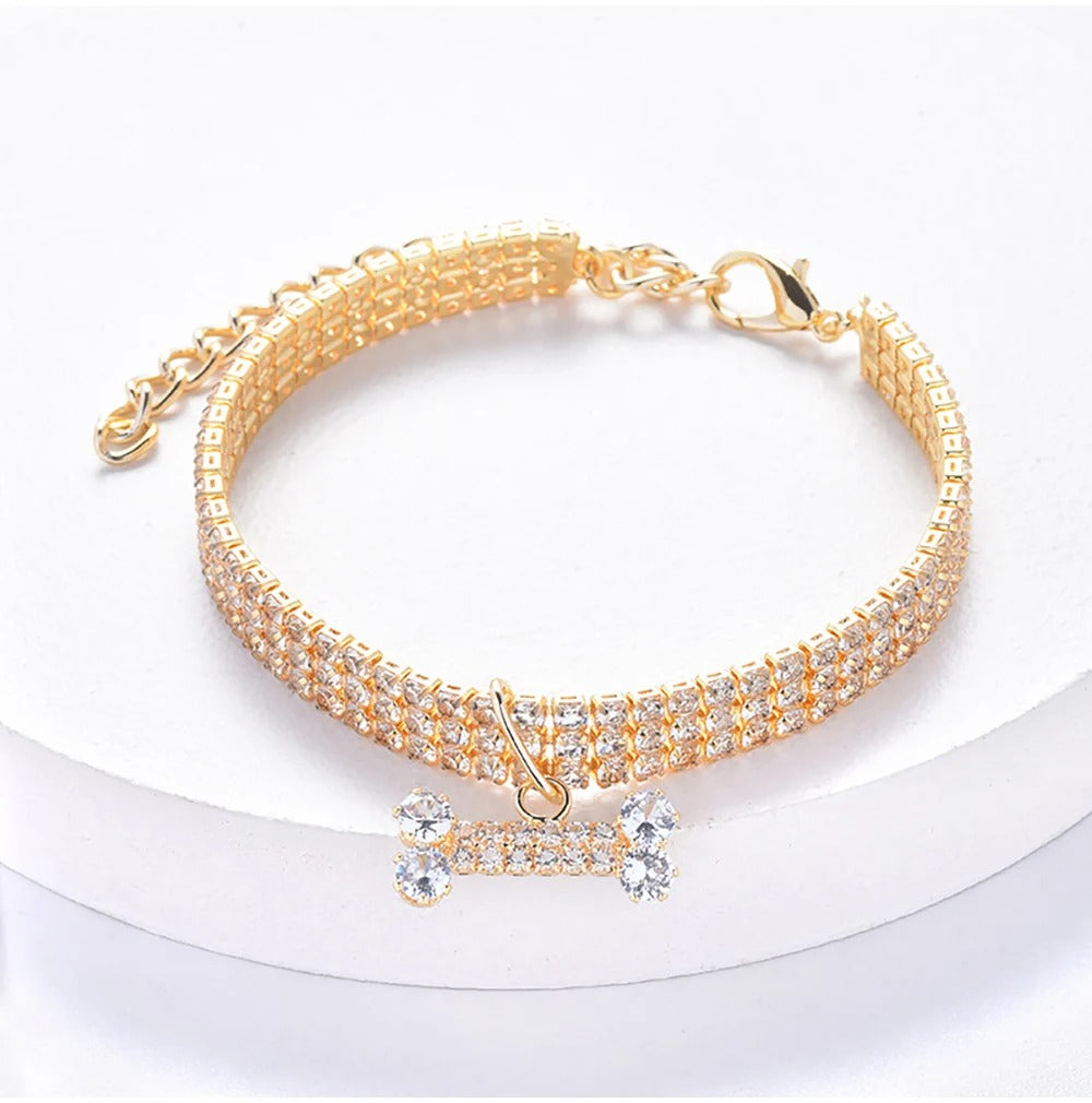 Luxury Adjustable Pet Collar with Zircon Bone Pendant