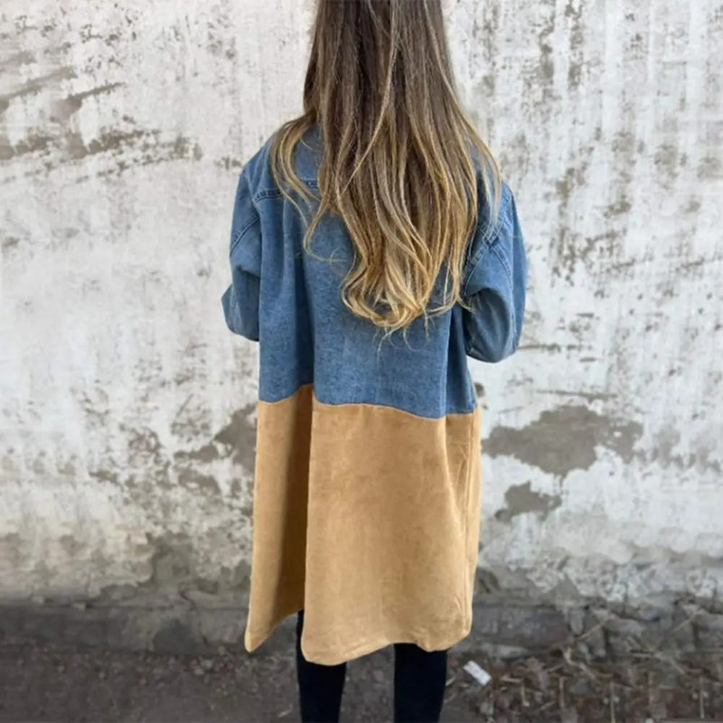 suit collar denim stitching mid-length coat, view 2 - MRSLM